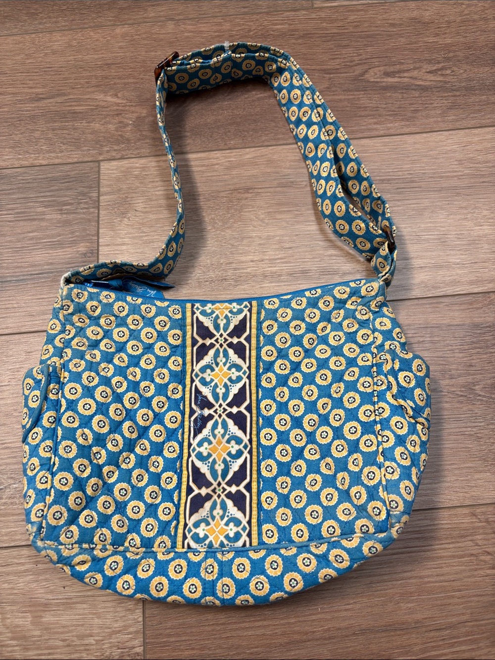 Vera Bradley Blue and Yellow Sunflower Quilted Crossbody with Navy Accent